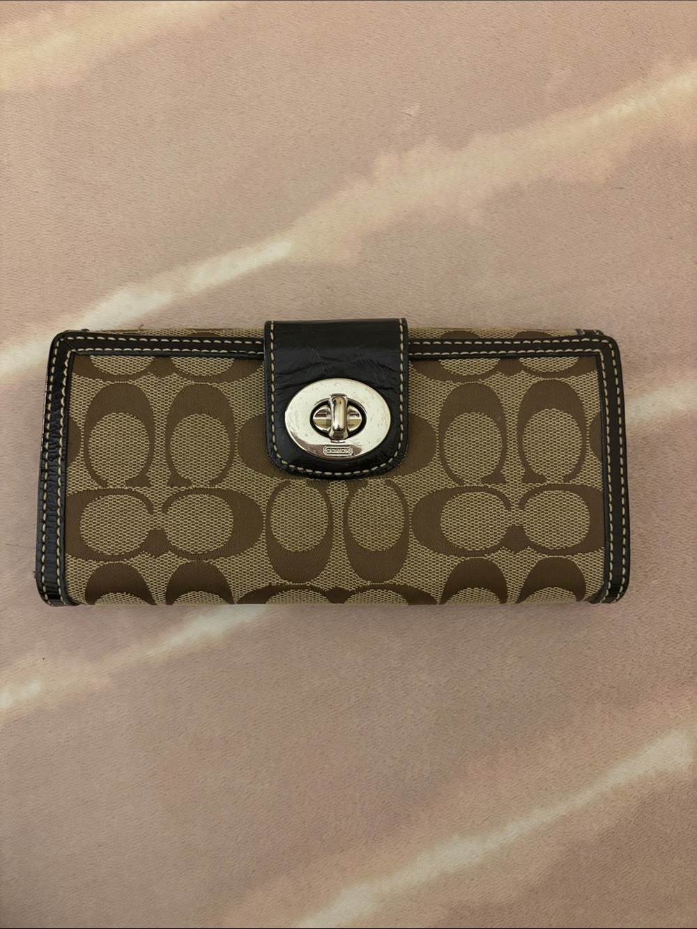 Coach Brown Signature Canvas Turnlock Continental Wallet
